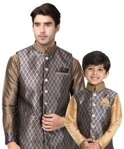 Vastramay Silk Blend Navy Blue And Gold Baap Beta Ethnic Jacket