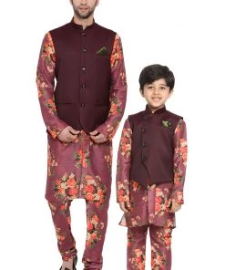 Vastramay Multicolored-Base-Purple Baap Beta Jacket Kurta Pyjama Set
