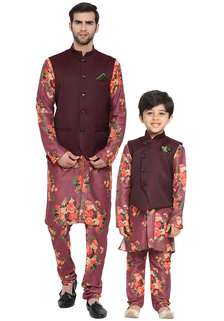 Vastramay Multicolored-Base-Purple Baap Beta Jacket Kurta Pyjama Set 3 Vastramay Multicolored-Base-Purple Baap Beta Jacket Kurta Pyjama Set