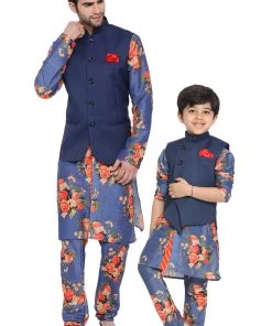 Vastramay Multicolored-Base-Blue Baap Beta Jacket Kurta Pyjama Set