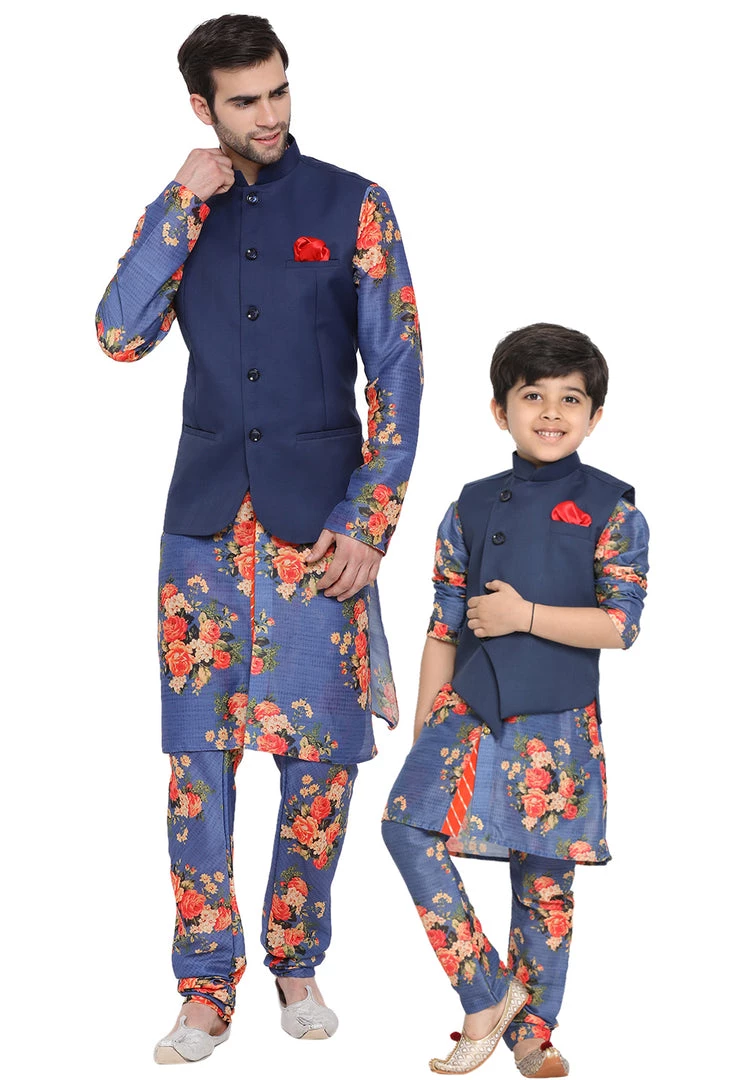 Vastramay Multicolored-Base-Blue Baap Beta Jacket Kurta Pyjama Set 3 Vastramay Multicolored-Base-Blue Baap Beta Jacket Kurta Pyjama Set