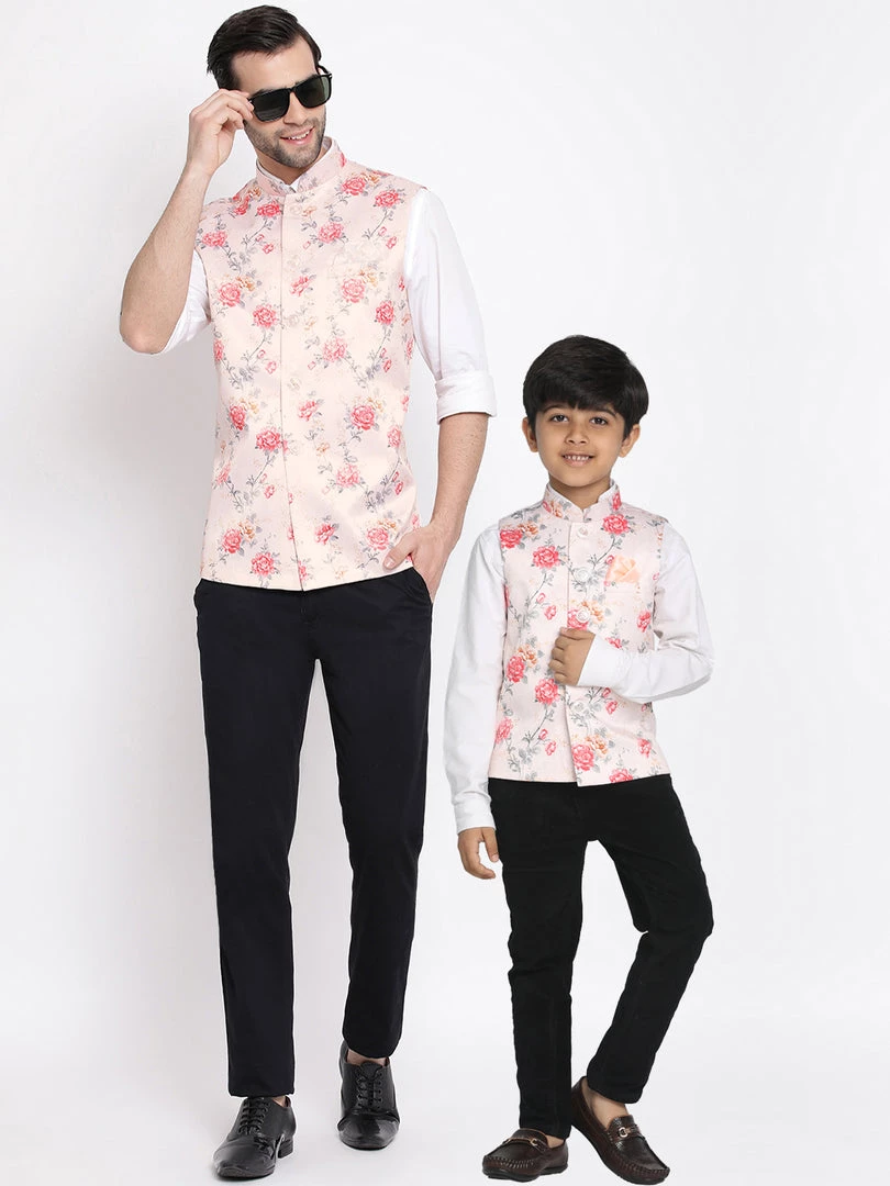 Vastramay Multicolor-Base-Peach Floral Printed Baap Beta Ethnic Jacket Set 3 Vastramay Multicolor-Base-Peach Floral Printed Baap Beta Ethnic Jacket Set