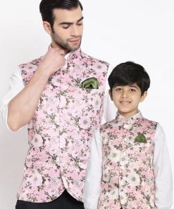 Vastramay Multicolor-Base-Pink Baap Beta Ethnic Jacket Set