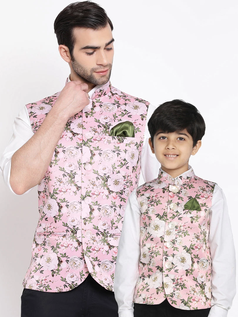 Vastramay Multicolor-Base-Pink Baap Beta Ethnic Jacket Set 3 Vastramay Multicolor-Base-Pink Baap Beta Ethnic Jacket Set