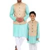 Vastramay Beige, Turquoise And White Baap Beta Nehru Jacket Kurta Pyjama Set