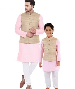 Vastramay Beige, Pink And White Baap Beta Nehru Jacket Kurta Pyjama Set