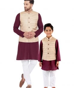 Vastramay Beige, Purple And White Baap Beta Nehru Jacket Kurta Pyjama Set