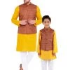 Vastramay Brown, Mustard And White Baap Beta Nehru Jacket Kurta Pyjama Set
