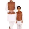 Vastramay Brown Nehru Jacket And White Kurta Pyjama Baap Beta Set