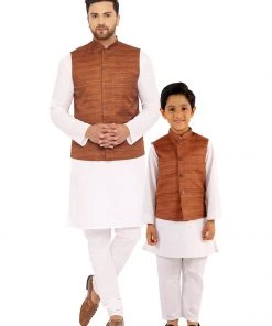 Vastramay Brown Nehru Jacket And White Kurta Pyjama Baap Beta Set