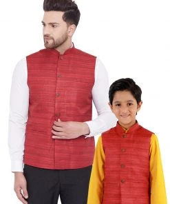 Vastramay Maroon Baap Beta Ethnic Jacket Set