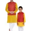 Vastramay Maroon, Mustard And White Baap Beta Nehru Jacket Kurta Pyjama Set