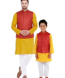 Vastramay Maroon, Mustard And White Baap Beta Nehru Jacket Kurta Pyjama Set