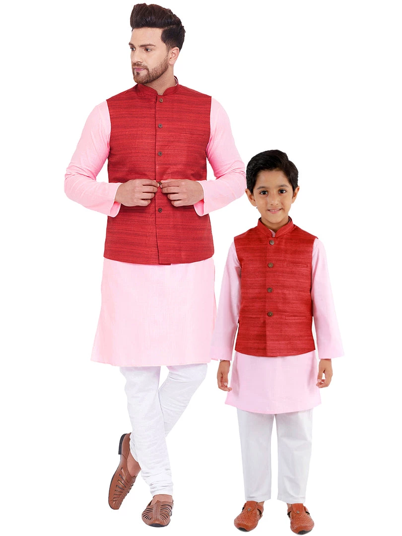 Vastramay Maroon, Pink And White Baap Beta Nehru Jacket Kurta Pyjama Set 3 Vastramay Maroon, Pink And White Baap Beta Nehru Jacket Kurta Pyjama Set