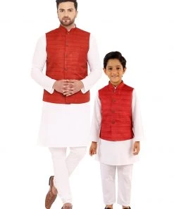 Vastramay Maroon Nehru Jacket And White Kurta Pyjama Baap Beta Set