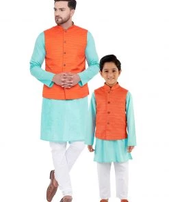 Vastramay Orange, Turquoise And White Baap Beta Nehru Jacket Kurta Pyjama Set