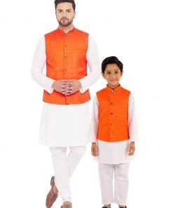Vastramay Orange Nehru Jacket And White Kurta Pyjama Baap Beta Set