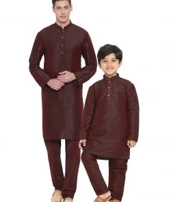 Vastramay Cotton Silk Blend Burgundy Baap Beta Kurta Pyjama Set