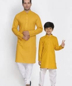 Kurta Pyjama Vastramay Mustard And White Baap Beta Kurta And Pyjama Set