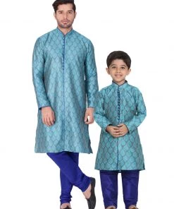 Vastramay Silk Blend Blue Baap Beta Kurta Pyjama Set