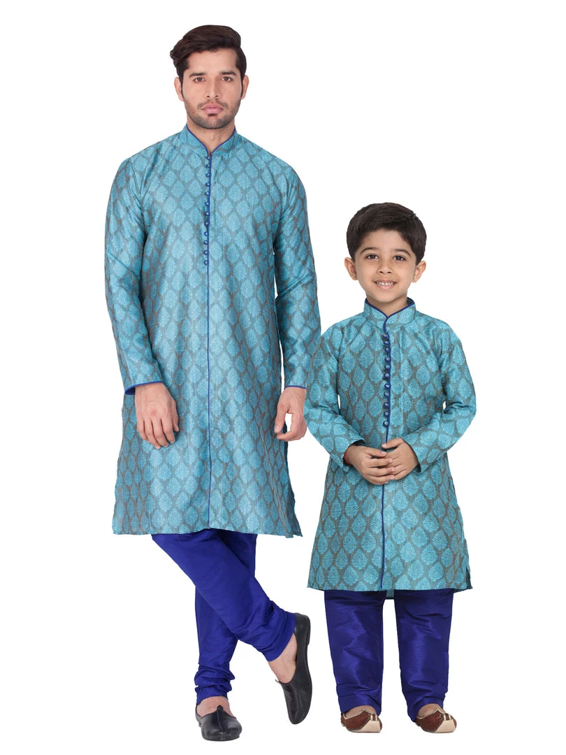 Vastramay Silk Blend Blue Baap Beta Kurta Pyjama Set 3 Vastramay Silk Blend Blue Baap Beta Kurta Pyjama Set