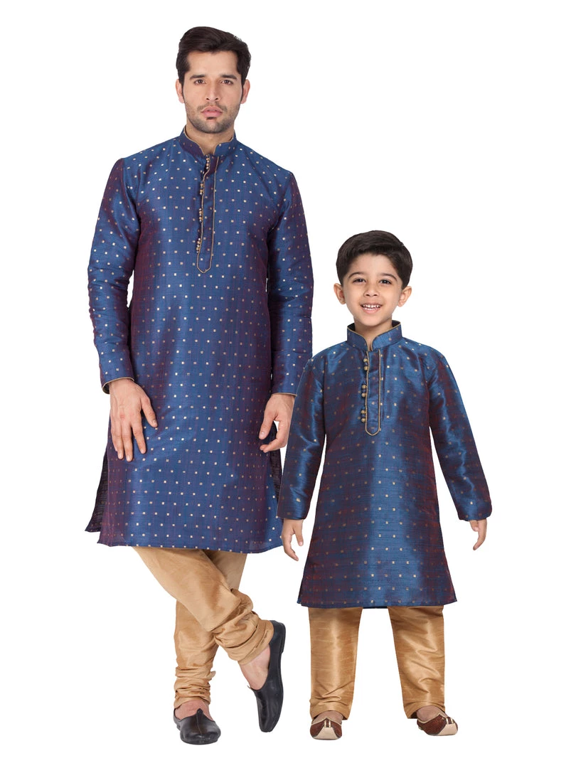 Vastramay Silk Blend Blue And Rose Gold Baap Beta Kurta Pyjama Set 3 Vastramay Silk Blend Blue And Rose Gold Baap Beta Kurta Pyjama Set