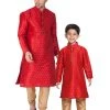 Vastramay Silk Blend Maroon And Rose Gold Baap Beta Kurta Pyjama Set