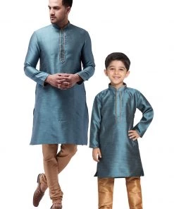 Vastramay Silk Blend Aqua Blue And Rose Gold Baap Beta Kurta Pyjama Set
