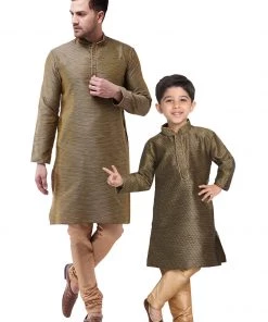 Vastramay Silk Blend Black And Rose Gold Baap Beta Kurta Pyjama Set