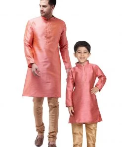 Vastramay Silk Blend Pink And Rose Gold Baap Beta Kurta Pyjama Set