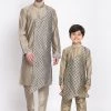 Vastramay Baap Beta Chiku Silk Blend Printed Angrakha Design Kurta Pyjama Set