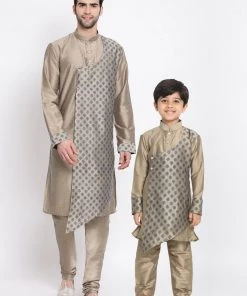 Vastramay Baap Beta Chiku Silk Blend Printed Angrakha Design Kurta Pyjama Set