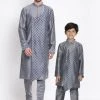 Vastramay Baap Beta Grey Silk Blend Printed Angrakha Design Kurta Pyjama Set