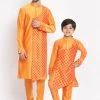 Vastramay Baap Beta Orange Silk Blend Printed Angrakha Design Kurta Pyjama Set