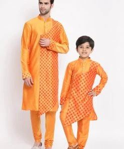 Vastramay Baap Beta Orange Silk Blend Printed Angrakha Design Kurta Pyjama Set
