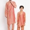 Vastramay Baap Beta Pink Silk Blend Printed Angrakha Design Kurta Pyjama Set