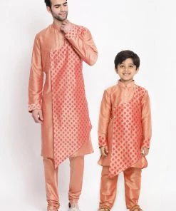 Vastramay Baap Beta Pink Silk Blend Printed Angrakha Design Kurta Pyjama Set