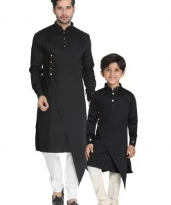 Vastramay Cotton Satin Blend Black And Cream Baap Beta Kurta Pyjama Set