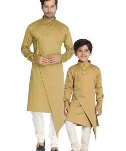 Vastramay Cotton Satin Blend Chiku And Cream Baap Beta Kurta Pyjama Set