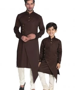Vastramay Cotton Satin Blend Coffee Brown And Cream Baap Beta Kurta Pyjama Set