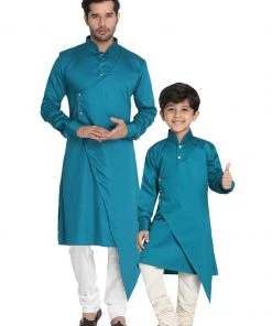 Vastramay Cotton Satin Blend Turquoise And Cream Baap Beta Kurta Pyjama Set