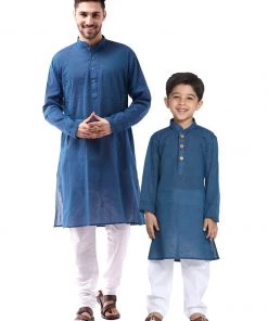 Vastramay Pure Handloom Cotton Blue And White Baap Beta Kurta Pyjama Set