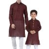 Vastramay Pure Handloom Cotton Maroon And White Baap Beta Kurta Pyjama Set