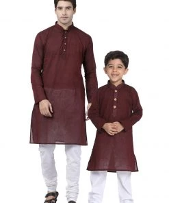 Vastramay Pure Handloom Cotton Maroon And White Baap Beta Kurta Pyjama Set