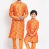 Vastramay Orange Printed Silk Blend Baap Beta Kurta And Pyjama Set Kurta Pyjama