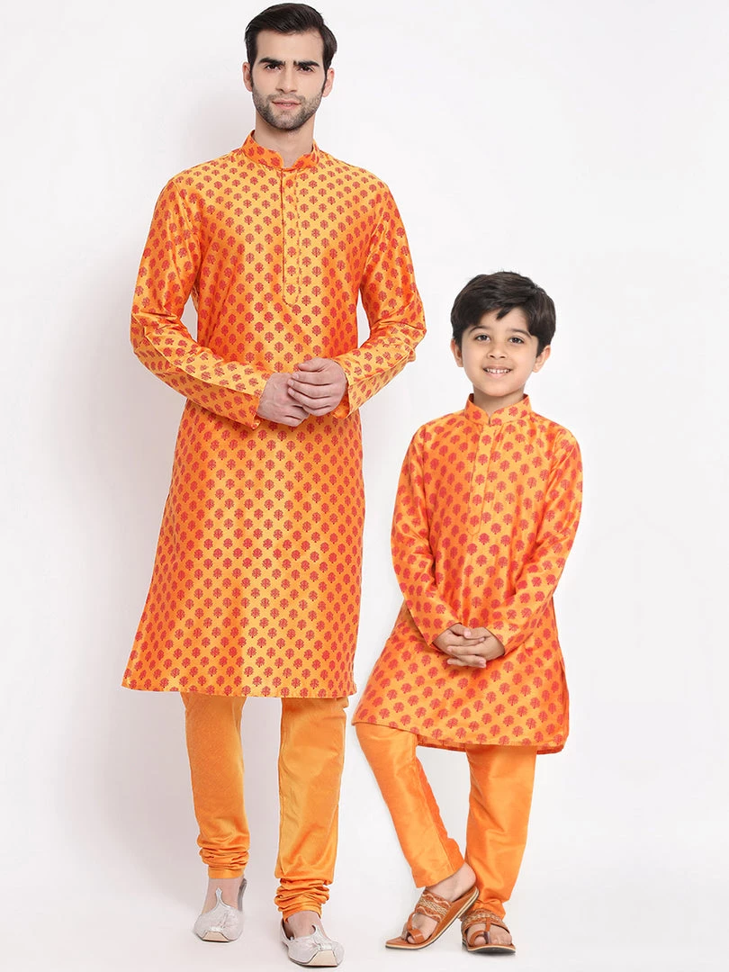 Vastramay Orange Printed Silk Blend Baap Beta Kurta And Pyjama Set Kurta Pyjama 3 Vastramay Orange Printed Silk Blend Baap Beta Kurta And Pyjama Set Kurta Pyjama