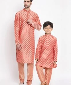 Kurta Pyjama Vastramay Pink Printed Silk Blend Baap Beta Kurta And Pyjama Set