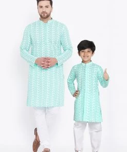 Vastramay Green And White Baap Beta Kurta And Pyjama Set