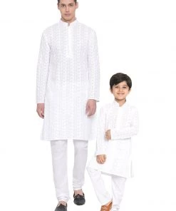 Vastramay Cotton White Baap Beta Kurta Pyjama Set
