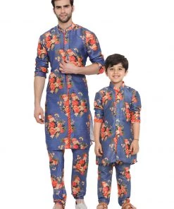 Vastramay Multicolor-Base-Blue Cotton Blend Baap Beta Kurta Pyjama Set